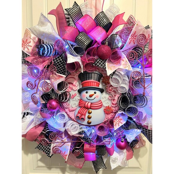 Handmade Bright Top Hat Snowman Holiday Ribbon Door Wreath 22 ins W68 Pink Black - Picture 9 of 12